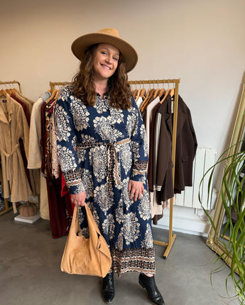 Robe longue bleue imprimée bohème – Collection Pulpeuse