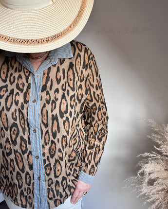 chemise pour femme leopard avec col et revers bleu à rayure