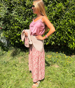 jupe fluide bi colore petites fleurs roses marque Johanna Paris taille 34/38