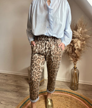 Pantalon léopard beige et bleu ciel Lunel - Johanna Paris