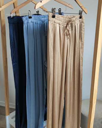 palazzo satin bleu ciel ou marine ou doré taille élastique