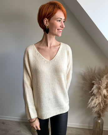 pull mohair col V beige