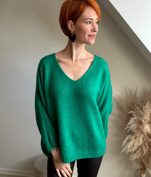 pull mohair col V vert émeraude oversize