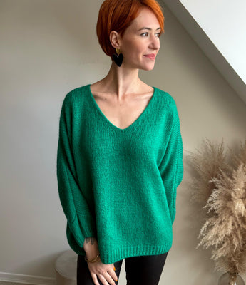 pull mohair col V vert émeraude oversize