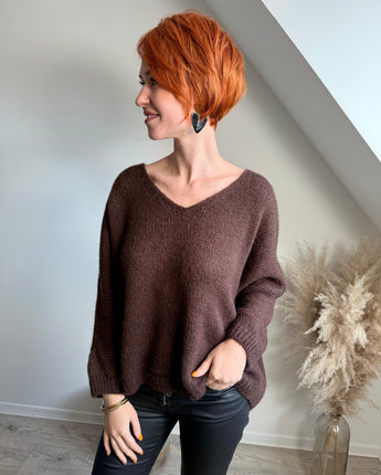 pull mohair col V chocolat