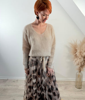 pull mohair col V beige