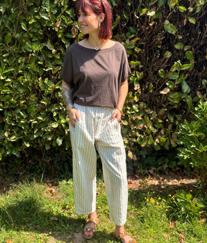Pantalon magique écru rayé chocolat Johanna Paris