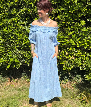 robe longue d'été, épaules dénudées, bohème chic jaune ou bleu ciel, MC by Chloé