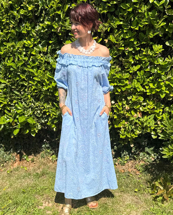 robe longue d'été, épaules dénudées, bohème chic jaune ou bleu ciel, MC by Chloé