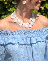 robe broderie anglaise bleu ciel manches élastiquées et poches,  décolleté bardot, mode estivale, marque Johanna Paris