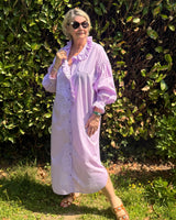 robe longue en voile de coton, couleur parme, romantique et légère pour cet été, marque Johanna Paris