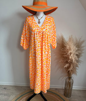 robe en gaze de coton imprimé léopard orange fluo marque Johanna Paris