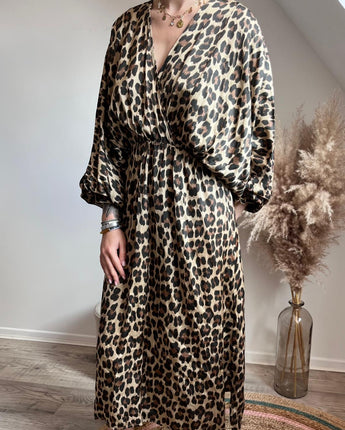 robe longue col en V fluide motifs léopard taille élastiquée