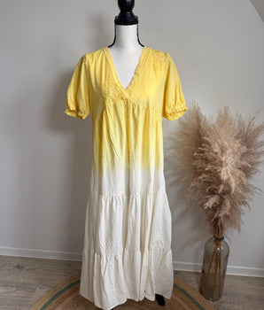 robe longue tie and dye jaune et blanc légère, col V
