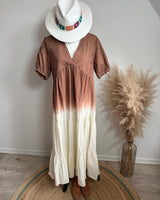 robe d'été tie and dye chocolat, marron et crème avec broderie, très légère taille unique du 36 au 44