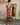 Robe longue bohème en voile de coton imprimée camel, beige et chocolat avec décolleté en V volanté – taille 36 à 40.