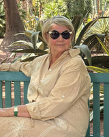robe longue brodée de palmiers blancs en viscose et lin taille bien.