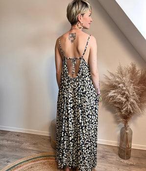 Robe longue dos nu imprimé léopard noir Soller -Johanna Paris