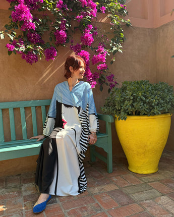 robe longue bleu ciel et blanch visage femme col V taille 36 au 44 marque LM Lulu
