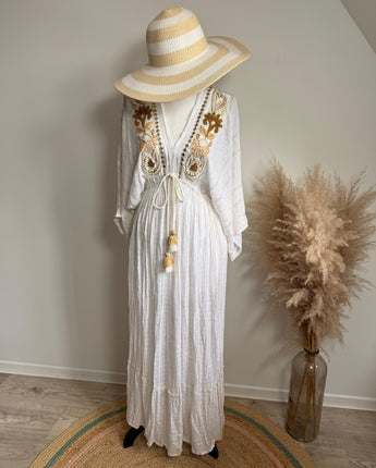 robe bohème blanche et dorée avec broderies