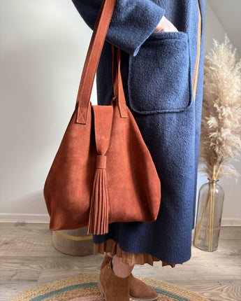 sac couleur camel foncé bandoulière en cuir nubuck