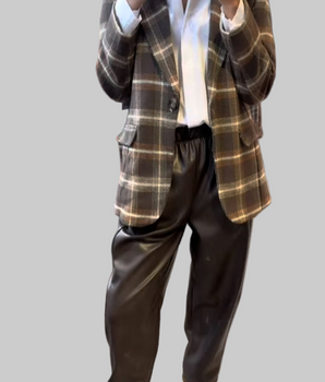 blazer femme à carreaux Johanna Paris, couleur chocolat et camel, coupe droite élégante, look chic MC by Chloé