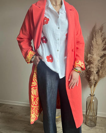 manteau long pour femme couleur corail rouge doublure imprimé 