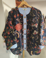 veste en velours marine détails revers manche et patte de boutonnage rayé bleu ciel marque the Corner taille unique du 36 au 46
