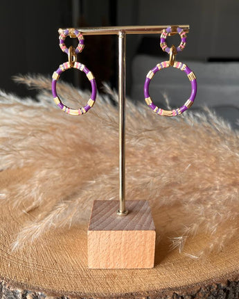 Boucles d'oreilles femme double anneau coloré violet 