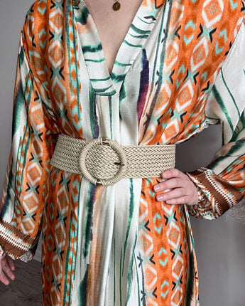 robe fluide et légère à motif pour femme manches longues orange et vert